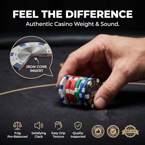 HEITOK Poker Chips 1000 Chips Set with Denominations, 11.5g Weighted Numbered Casino Chips Set, 2 Decks with Compact Aluminum Case for Texas Hold'em, Blackjack Chips | 2-20 players, numbered values 1/5/25/100/500, aluminum case, cards, dice, dealer/small/