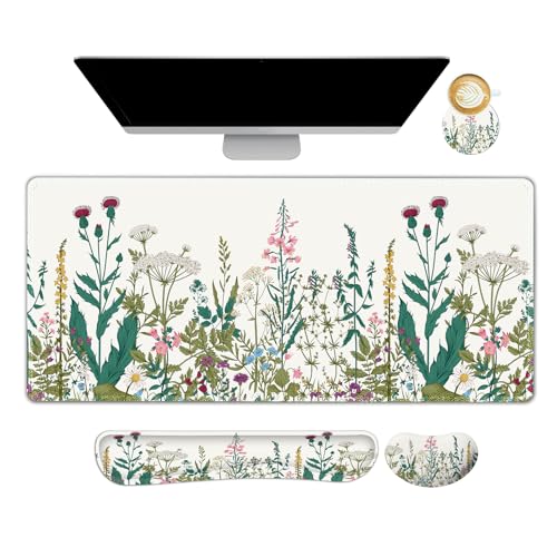 Desk Mat Pad, Gaming Mouse Pad Wrist Support Set, 4 in1 Non-Slip XXL Large Mousepad + Ergonomic Keyboard Wrist Rest+Mouse Wrist Rest+Coaster for Home Office Computer I Vintage Wildflower Garden - color: Vintage Wildflower Garden