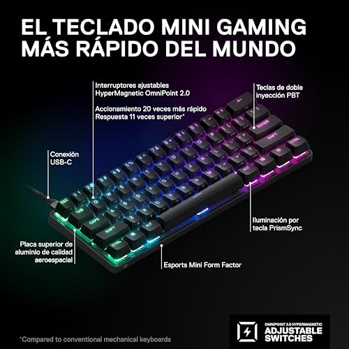 SteelSeries Apex Pro Mini HyperMagnetic Gaming Keyboard – Adjustable Actuation – Compact 60% Form Factor – RGB – PBT Keycaps – USB-C - size: Pro Mini 60%, style: Gen 2 Wired