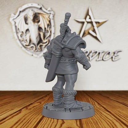 AUSPDICE Heroic Unpainted Fantasy Minis, 32mm Half Orc Warrior Figure-AS406 | Half Orc Warrior with Shoulder Armor and Sheathed Sword for Role Playing, DND, TTRPGs, Dungeon Masters and Tabletop Gaming