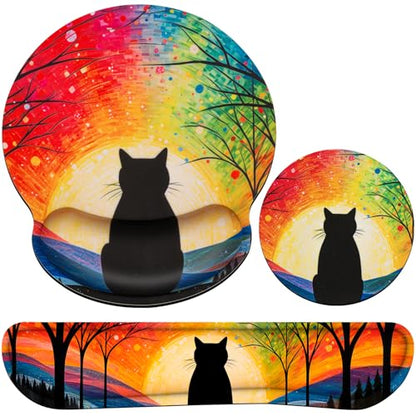 3-in-1 Mouse Pad with Wrist Rest Cute Black Cat Set | Wrist Support Mouse Pad Set,Gaming Mousepad with Anti-Skid Base,Ergonomic Mouse Pad,Memory Foam Keyboard Gel Wrist Rest Anime - color: Lonely Cat