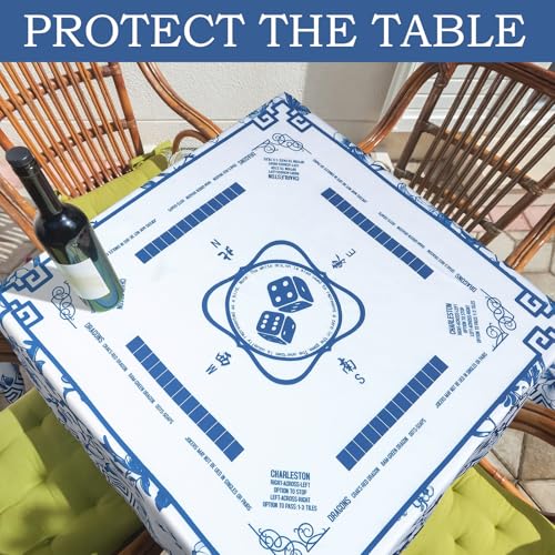Oudain Chinoiserie Mahjong Tablecloth Florals Card Table Cloth 55x 55 Inch Square Tablecloth Game Table Cover with Game Rules for Mahjong Beginners, Card, Board Tile Games(Blue and White) - color: Blue and White