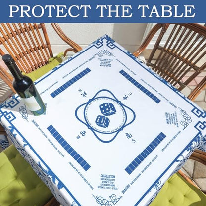 Oudain Chinoiserie Mahjong Tablecloth Florals Card Table Cloth 55x 55 Inch Square Tablecloth Game Table Cover with Game Rules for Mahjong Beginners, Card, Board Tile Games(Blue and White) - color: Blue and White