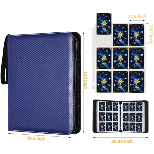 720 Pockets Round Ring Trading Card Binder, 9-Pocket Clear Zipper Card Album with Wrist Strap, Holds 720 Standard TCG Cards Compatible with Sports Baseball Football Game Cards (Dark Blue) - color: 9 Pocket 720 Carton Blue