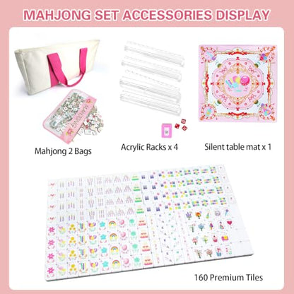 American Acrylic 4-Layer Mahjong Set with Rainbow Translucent Backs, 2 Bags, 4 Acrylic Racks, Silent Mat – Portable American Mahjong Game Set for Adults, Family Game Night & Travel - color: Pink Rainbow