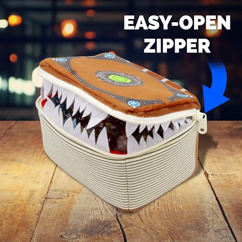 CASEMATIX Mimic Spell Book Dice Case with 7 Included RPG Dice - 7" Mimic Tome Chest Bag with Zipper Closure and Carabiner for 250 Polyhedral Pieces, Protective Novelty Holder for Tabletop Dice - style: Spellbook