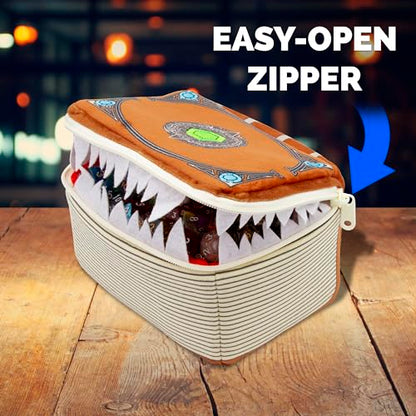 CASEMATIX Mimic Spell Book Dice Case with 7 Included RPG Dice - 7" Mimic Tome Chest Bag with Zipper Closure and Carabiner for 250 Polyhedral Pieces, Protective Novelty Holder for Tabletop Dice - style: Spellbook