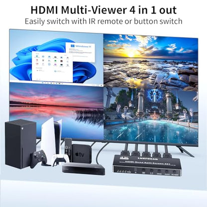 HDMI Multi-Viewer 4X1, Seamless Switcher 4 in 1 Out, Quad Multi Viewer Switcher with IR Remote, Supports 4K 30Hz, 5 Display Modes for Security Camera, Gaming Consoles