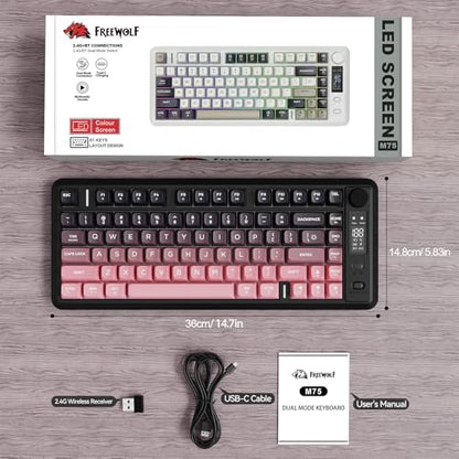 ZIYOU LANG M75 Wireless Gaming Keyboard, RGB Backlit Rechargeable 2000mAh Battery, Small Membrane But Mechanical Feel Keyboard with Smart Display & Knob, PBT Gradient keycaps for PC, MAC-BlackBerry - color: Blackberry