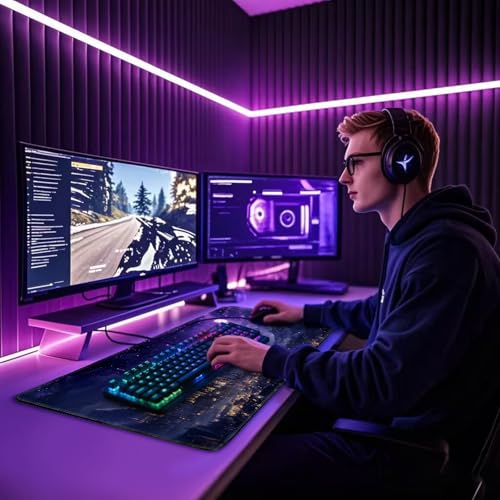 Fantasy Castle Night Large Gaming Mouse Pad Desk Mat 31.5"x15.7" | Extended Mousepad, Non-Slip Rubber Base , Stitched Edges, for Computer/Laptop/Office/Home - color: Fantasy Castle
