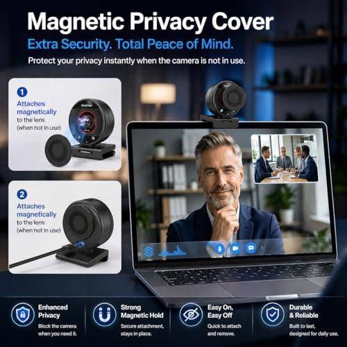 4K Webcam for PC Computer PDAF Autofocus with Built-in Microphone Windows | 1080P@60fps, Privacy Cover, Dual Noise Cancel Mics, 8X Digital Zoom, 78° FOV, Compatible Zoom Teams Twitch Google Meet
