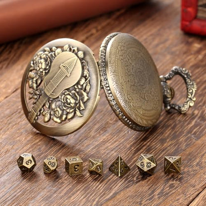 Hollow Bard Pocket Watch Dice Set, Metal Mini Dice, DND Gifts with Dice Bag | Bronze Tiny Dice, DND Stuff for Role Playing Games, DND Starter Set, 7pcs Polyhedral Metal Dice Set for Game Night, Bard Gift - color: Bard Dice Set