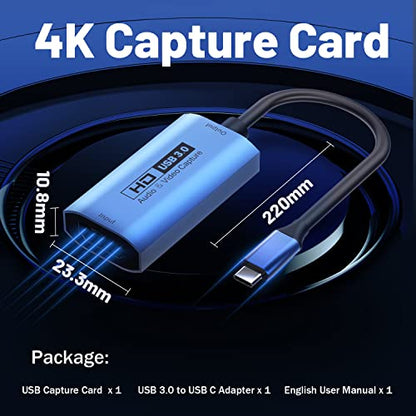 GUERMOK Video Capture Card, USB3.0 HDMI to USB-C Capture Device, 2K@30FPS | Stream & Record Gameplay at 1080P@60FPS, Compatible with Mac OS, Windows, Quest 3, OBS, Zoom, PS5/4, Switch, Xbox (Blue) - color: Blue