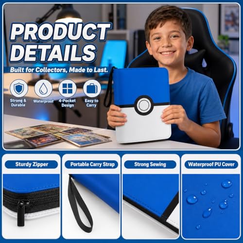 Card Binder 4 Pocket, Trading Card Holder Album Book, 50 Removable Sleeves Hold 400 Cards, PU Leather Zipper Portable Game Collection Card Case Ideal Gift (Blue) - color: Blue, size: Medium