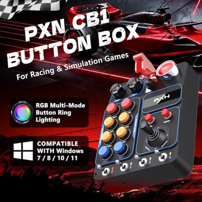 PXN CB1 PC Button Box, Programmable Sim Control Panel | 19 Buttons & Switches, RGB Backlit, Driver-Free USB, for Gaming Steering Wheel Setup, Racing, Truck & Farming Sims