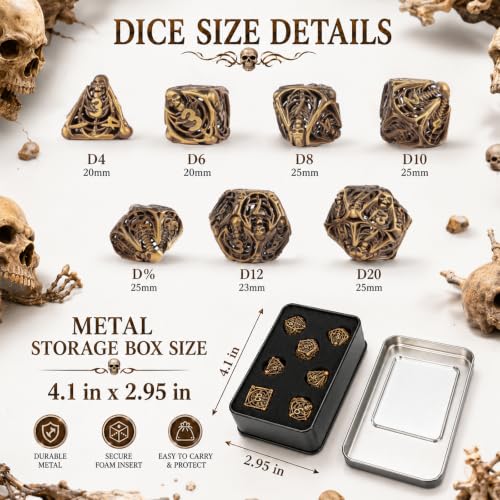Metal Dice Set for DND - 7pcs with Gift Box, Perfect D&D Gift (Openwork Skull) - color: Openwork Skull