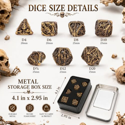 Metal Dice Set for DND - 7pcs with Gift Box, Perfect D&D Gift (Openwork Skull) - color: Openwork Skull
