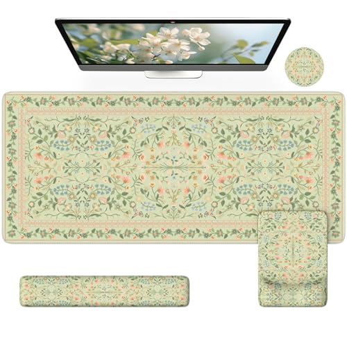 iCasso Mouse Pad with Wrist Rest, Large Desk Mat Set, Bean Green | Ergonomic Keyboard Pad with Wrist Support, Non-Slip Mouse Mat for Women, Cute Floral Computer Mat for Home Office Gaming - color: Bean Green