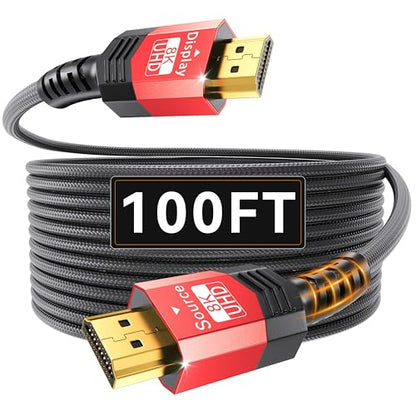 Fiber Optic HDMI 2.1 Cable 100FT,48Gbps Ultra High Speed Braided Uni-Directional Cord-8K@60Hz 4K@120Hz/144Hz HDCP 2.2&2.3 eARC DTS:X HDR10 VRR Compatible for RTX 5090/PS5/Xbox X/S/TV etc - size: 100 ft