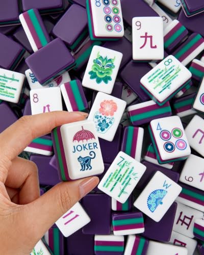 Mahjong Tile Set, 4-Layer American Mahjong Tiles with 50 Chips,3 Dice & Blue Printed Carrying Bag Case, 160 Pcs Mahjong Sets with Acrylic Engraving for Home, Travel & Game Nights - color: Purple