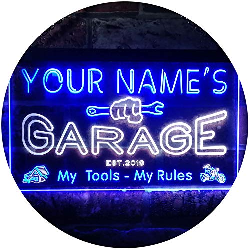 ADVPRO Personalized Your Name Est Year Theme Garage Man Cave Decor Dual Color LED Neon Sign White & Blue 12" x 8.5" st6s32-pp1-tm-wb - color: White & Blue, size: 12" x 8.5"