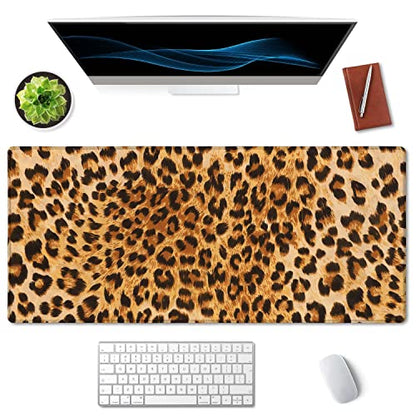 SSOIU Extended Gaming Mouse Pad (35.5x15.7 in), Large Non-Slip Rubber Base Mousepad with Stitched Edges, Waterproof Keyboard Mouse Mat Desk Pad for Work, Game, Office, Home - Leopard Print - color: Leopard