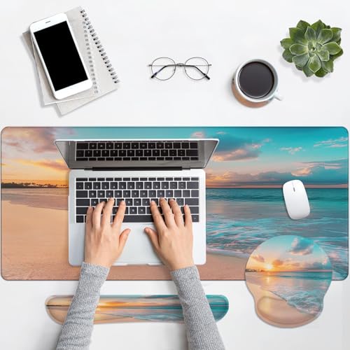 Arttown Summer Ocean Sun Desk Mat Sand Beach Mouse Pad Set 4 in 1 Cloud Sea Wave Ergonomic Design Large Desk Pad + Keyboard Wrist Rest + Mouse Wrist Rest + Coaster Suitable for Home Office Study Game - color: Sunset Beach 2