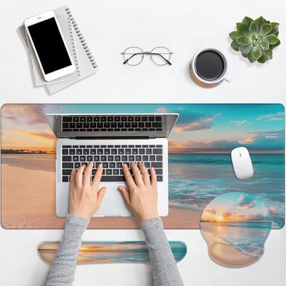 Arttown Summer Ocean Sun Desk Mat Sand Beach Mouse Pad Set 4 in 1 Cloud Sea Wave Ergonomic Design Large Desk Pad + Keyboard Wrist Rest + Mouse Wrist Rest + Coaster Suitable for Home Office Study Game - color: Sunset Beach 2