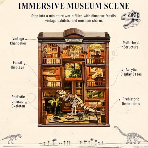 2026 Dinosaur Book-Nook Kits LED 3D Wooden Dino Library Puzzles Fossil Museum Themed Gift for Adults&Teen Kids DIY Miniature House Diorama- Bookshelf Room Decor with LED Softer Light, Bday Present