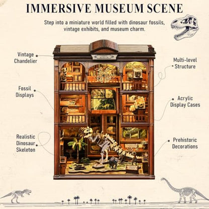 2026 Dinosaur Book-Nook Kits LED 3D Wooden Dino Library Puzzles Fossil Museum Themed Gift for Adults&Teen Kids DIY Miniature House Diorama- Bookshelf Room Decor with LED Softer Light, Bday Present