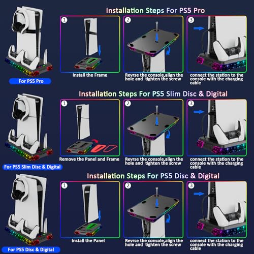 PS5 Cooling Station for PlayStation 5 Console, PS5 Stand & Charging Station with RGB, PS5/Slim/Pro Controller Charger Incl. 3 Level Fan,Headset, PS5/Slim/Pro Accessories with 3 USB Ports - color: Star-black