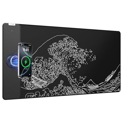 Magnetic Wireless Charging Mouse Pad, 31.5"x15.8" Large Desk Mat | Waterproof Mousepad, Smooth Glide, Stitched Edge, Non-Slip Rubber Base, Desk Pad Computer Keyboard Mat, No Adapter - color: Black-31.5"x15.8"-Mag-Sea