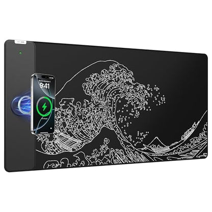 Magnetic Wireless Charging Mouse Pad, 31.5"x15.8" Large Desk Mat | Waterproof Mousepad, Smooth Glide, Stitched Edge, Non-Slip Rubber Base, Desk Pad Computer Keyboard Mat, No Adapter - color: Black-31.5"x15.8"-Mag-Sea
