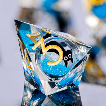 DND Cat Dice Set Blue Sharp Edge Dice with Box, RPG D and D Dice Dungeons Dragons Role Playing Game Polyhedral Resin Dice Set D20 D12 D10 D8 D6 D4 - color: Golden Blue
