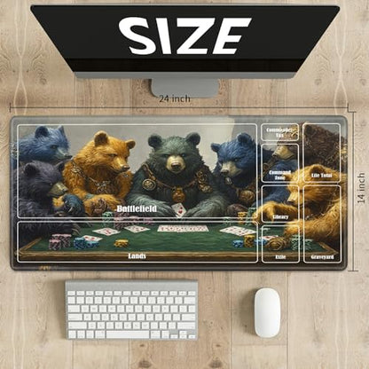 MTG Playmat with Zones, TCG Card Game Play Mat with Stitched Edges, Non-Slip Rubber Base Gaming Desk Mat, Smooth Surface 24 x 14 Inch, Bears Play Poker - color: Bears Play Poker, size: Zone 1