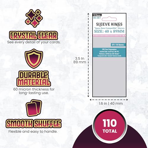 Sleeve Kings Standard Card Sleeves – 110 Count, Clear 60 Micron Thickness, Mini Size (40 x 89 mm), Compatible with Space Base & More – SKU: SKS-8817 - size: 40 x 89 mm, style: Space Base Compatible