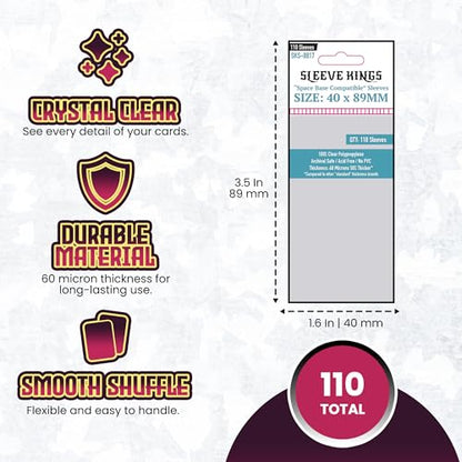 Sleeve Kings Standard Card Sleeves – 110 Count, Clear 60 Micron Thickness, Mini Size (40 x 89 mm), Compatible with Space Base & More – SKU: SKS-8817 - size: 40 x 89 mm, style: Space Base Compatible