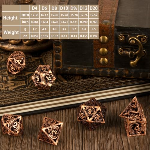 7PCS DND Dice Set, Premium Hollow Metal Polyhedral Dice with Treasure Chest & Dice Bag, Gift for Men & Women, Dungeons and Dragons, TTRPG RPG Tabletop Games (Antique Red Copper) - color: Antique-red-copper