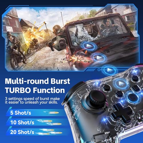 Wireless Pro Controller for Switch/Lite/OLED/PC/Android/iOS - Ergonomic Gamepad with 7 Color RGB Lighting, Turbo/Vibration Adjustment & One-Key Wake-Up Function - color: TransparentWhite