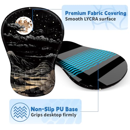 YIWEI Ergonomic Mouse Pad with Wrist Rest for Carpal Tunnel Pain Relief | Memory Foam Wrist Support,Non-Slip Rubber Base, Keyboard Computer Mousepad,Lycra Cloth Surface,Gaming Home Office - color: Moon