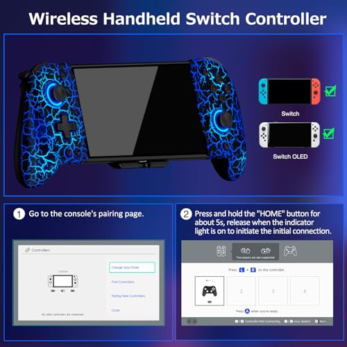 Spican Switch Controllers for Nintendo Switch/OLED, Hall Effect Wireless Pro Controller One-Piece Joypad, Full-Size Ergonomic Handheld Mode Gamepads with 17 RGB Light/Battery/Turbo/Macro/4 Game Slot - color: Black-Crack Pattern, size: 6.2"/7"