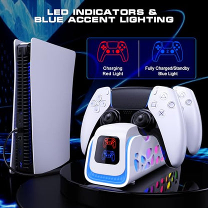 PS5 Controller Charger Dock for DualSense/Edge, 6 RGB Modes | ABS shell for PS5 setups charges DualSense/Edge controllers with auto-align dock, 6 RGB modes and safety chip