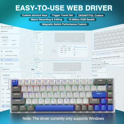 AULA WIN68 HE MAX - Hall Effect Gaming Keyboard with Magnetic Switch, Adjustable Actuation Fast Trigger Mode, 8KHz Polling Rate, RGB Backlit Wired Mechanical Gaming Keyboard 60 Percent Compact Design - color: Grey&White&Blue-Max Version