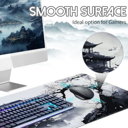 Large Mouse Pad Japanese Desk Mat, XL Anime Gaming Mouse Pad | Smooth Tracking, Non-slip Rubber Base, Durable Stitched Edges, Extended Mousepad for PC/Laptop/Office/Home - color: Ink Hill