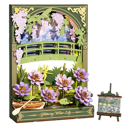 3D Wooden Puzzles for Adults Monet Water Lily DIY Model Building Kits with LED Light - Home Decor, Wall Art & Unique Creative Gifts for Art Lovers/Men/Women - style: Water Lily