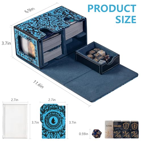 MTG Commander Deck Box with Dice Tray Card Deck Box Fits 160 Double Sleeved /200 Single Sleeved trading Cards, TCG deck box with 6 DICE 1Acrylic Dividers 1 Card Holder (Water) - color: Water