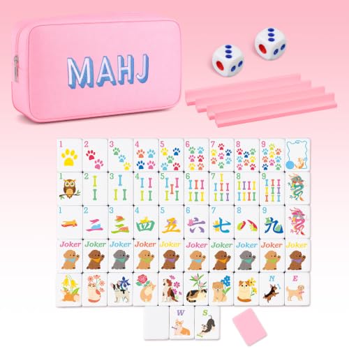 Soulchen Mini American Mahjong Tile Set Include 160 0.8 Inch Mahjong Tiles 2 Dice 4 Wooden Rulers 1 Accessory Bag 4 Beginner Rule Cards(Dog and Cat) - style: Dog and Cat