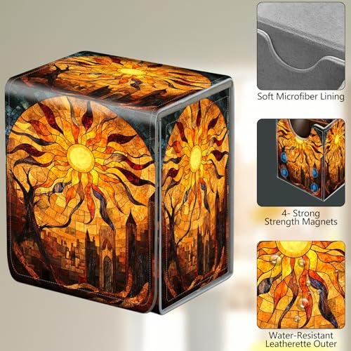 Card Deck Box, Card Storage Box Fits 100+ Single Sleeved Cards, Large Capacity PU Leather Card Storage Box with Strong Magnet for Magic Commander TCG/CCG, Magic Sun - color: Magic Sun