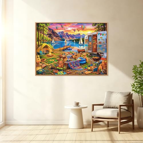 Lakeside Camping Day 1000 Piece Puzzles for Adults | Mountain Lake Camping Puzzles for Adults 1000 Pieces, Impossible Hard Fun Challenging Lakeside Camping Puzzles for Adults - color: Camping Day