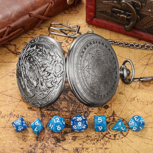 Mini DND Dice Set, 7-Piece Polyhedral Acrylic D&D Dice, with Steampunk Dragon Large Pocket Watch Case, DND Gift Bag with Dragon Logo, Role Play Board Game Accessories, Dark Silver + Blue - color: Silver + Blue